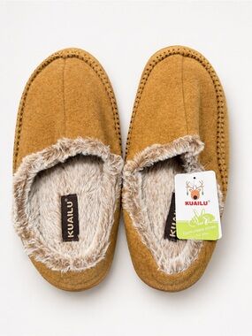 KUAILU Men’s Moccasin Slippers Size 12 Brown Faux Fur Lined Indoor Outdoor NWT